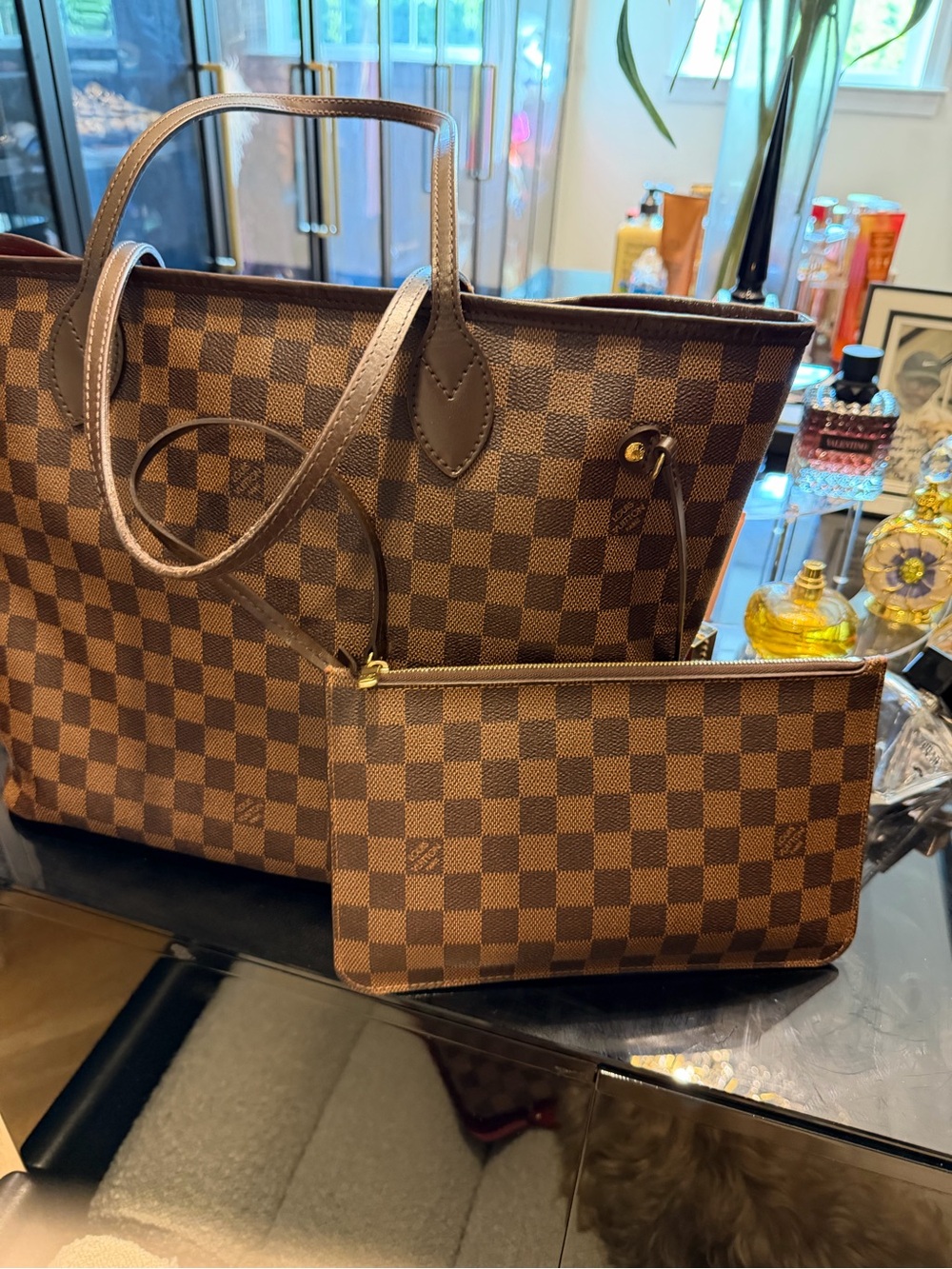 Louis Vuitton Brown Damier Ebene Tote with Matching Pouch